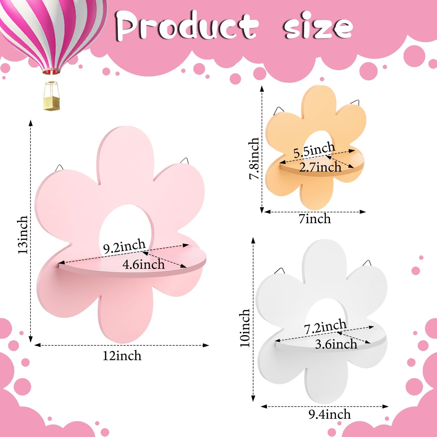 Soaoo 3 Pcs Daisy Flower Floating Shelves, Wooden Boho Daisy Plant Shelf, Wall Mounted Display Stand, Hanging Display Flower Decor for Living Room Bathroom Bedroom(Pink,White,Yellow)