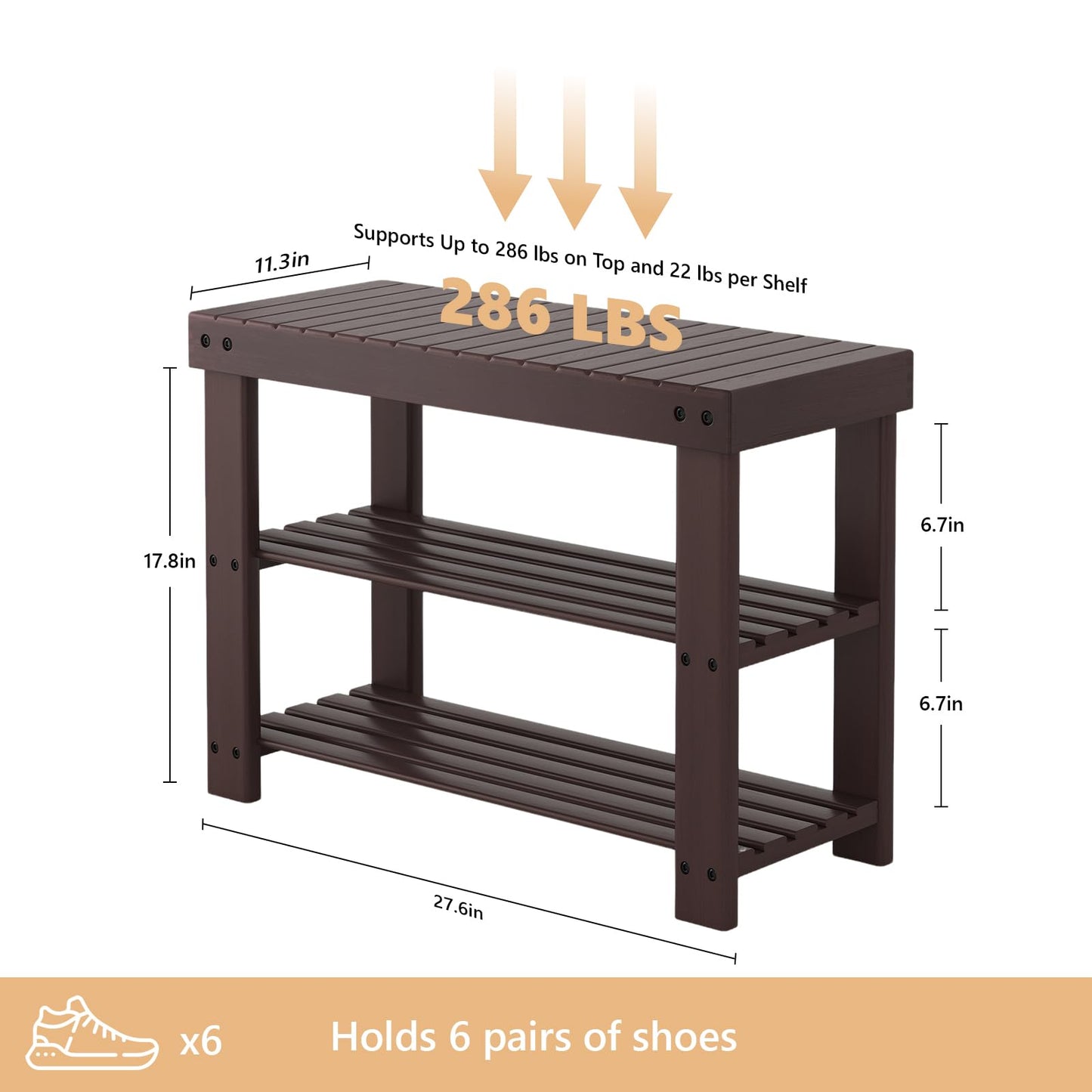 NEWBULIG Shoe Rack Bench, 3-Tier Bamboo Shoe Organizer, Wooden Entryway Storage Bench, 286 lb Load Capacity, 11.2x27.6x17.9 Inches, for Entryway Bathroom Bedroom Balcony, Brown