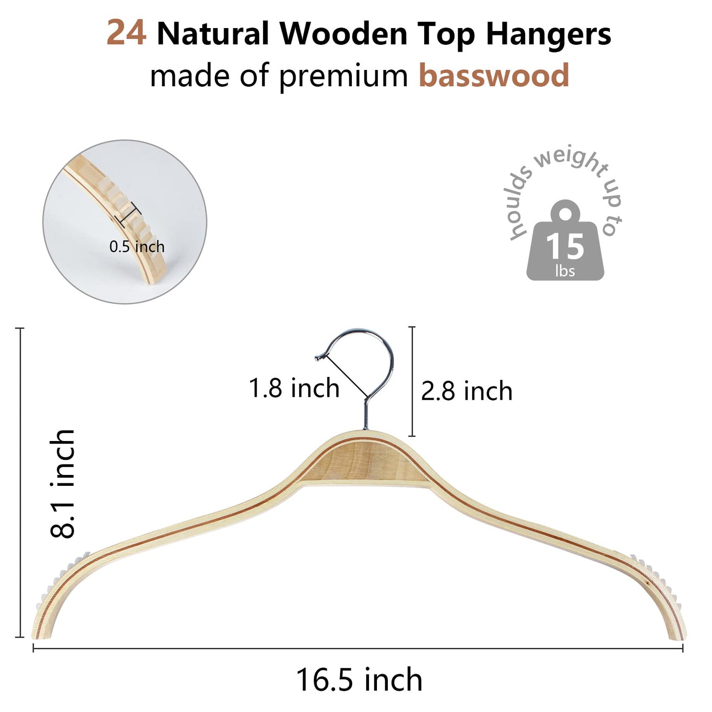 DEDU Wooden Hangers 24 Pack Lightweight, Coat Hangers for Closet Space Saving, Slim Wood with Soft Rubber Non Slip Strip for Wamisole, Wedding Dress, Sweater (Natural Finish)