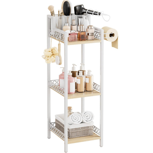 FURFUN Slim Bathroom Storage Shelf Unit, 3 Tier Corner Storage, Rustic Makeup Organizer, Space-Saving Floor Standing Storage Shelves for Bathroom, Vanity,Kitchen, Laundry 9.85in Matte White