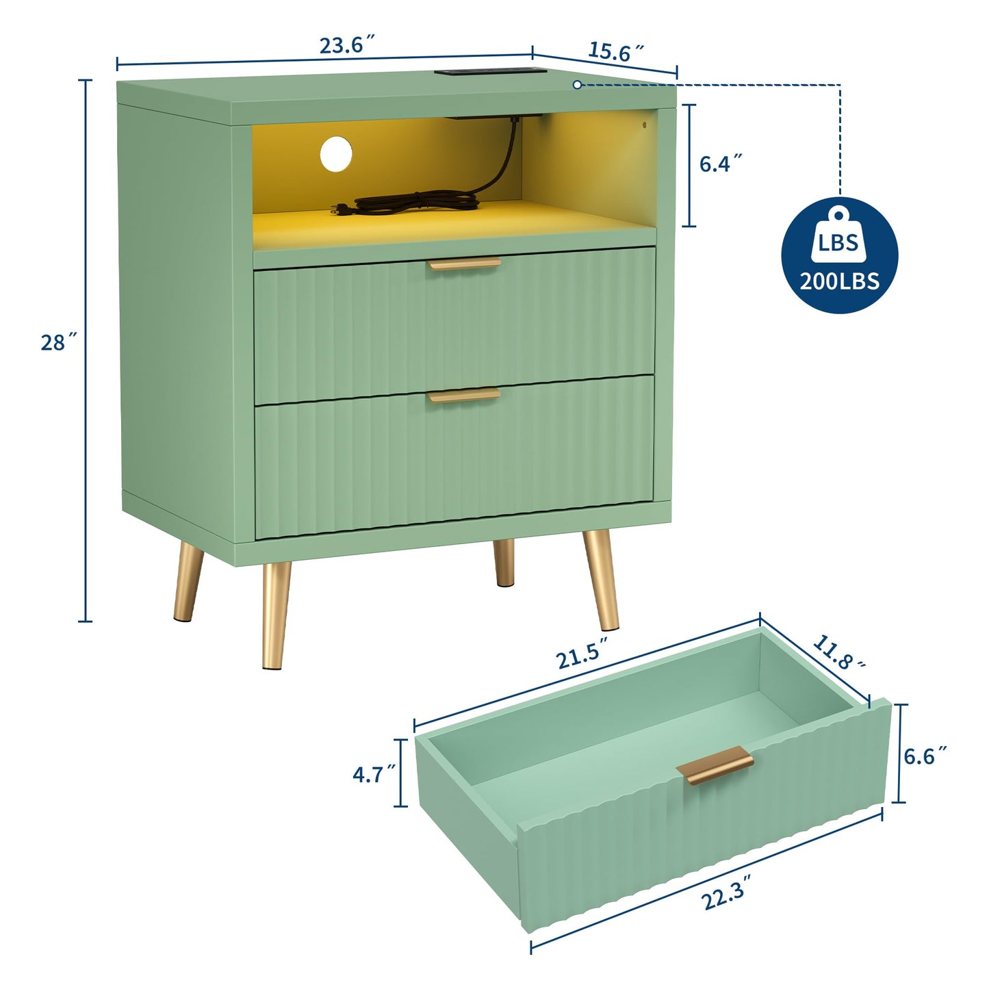 2 Drawers Dresser for Bedroom, 23.6" w Wooden Dresser with LED Lights and Charging Station, Fluted Wood TV Stand with Gold Handle, Modern Chest of Dressers for Closet, Living Room, Hallway, Green