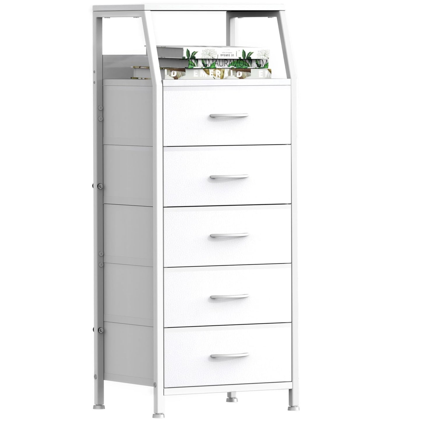 Ollieroo White Dresser for Bedroom, Storage Organizer with 5 Drawers, Vertical Fabric Storage Stand, Nightstand Bedside Table, Sturdy Steel Frame & Wooden Top