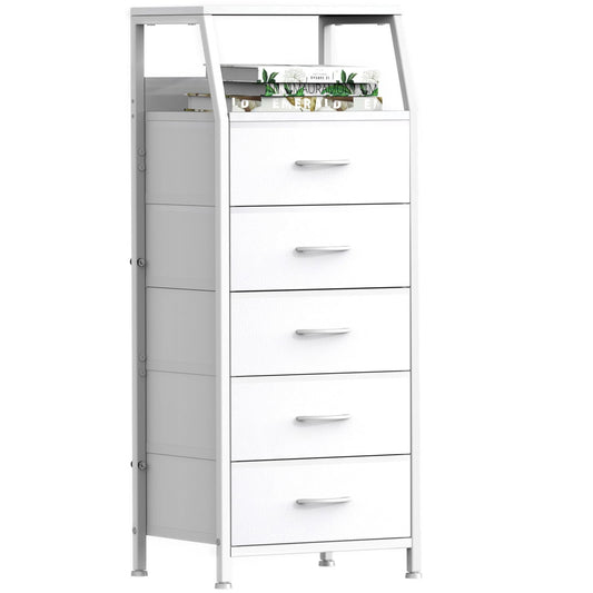 Ollieroo White Dresser for Bedroom, Storage Organizer with 5 Drawers, Vertical Fabric Storage Stand, Nightstand Bedside Table, Sturdy Steel Frame & Wooden Top
