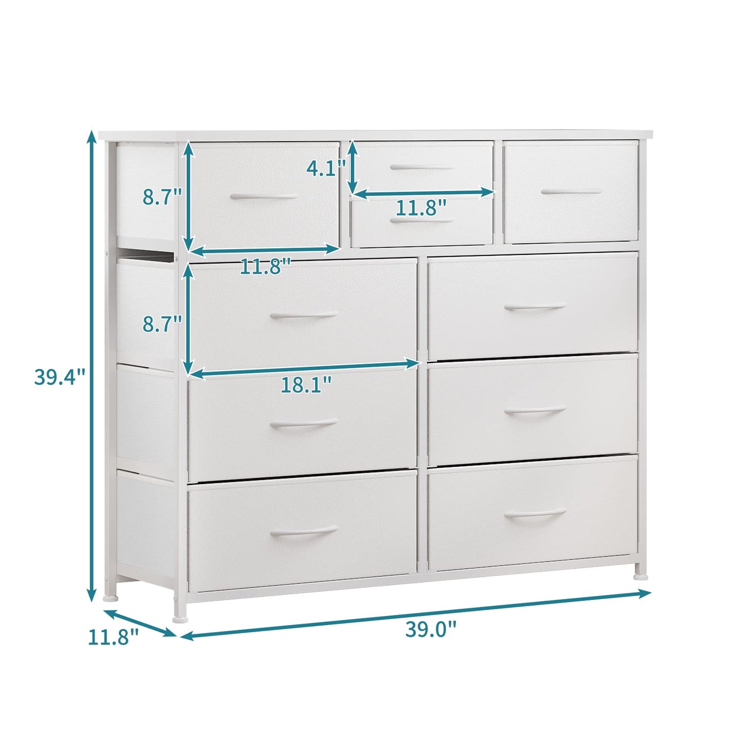 LUMTOK 10-Drawer Dresser, Fabric Storage Tower with Drawers for Bedroom, Dresser Drawer with Handle for Bedroom, Living Room, Hallway, Closets & Nurseryteel Frame, Wood Top (10 Drawer/White)
