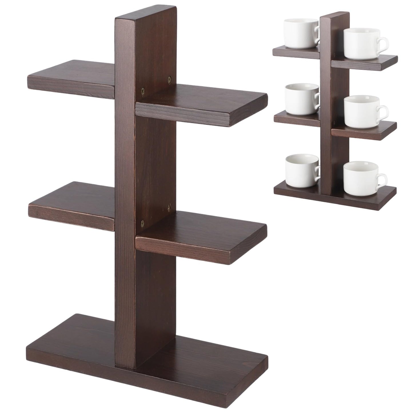 OMISTAR 3 Tiered Wooden Coffee Cup Holder, Kitchen Counter 6 Mug Wood Coffee Mug Organizer Stand with Non-Slip Foam Pads, Vertical Cup Storage Rack for Coffee Bar Countertop