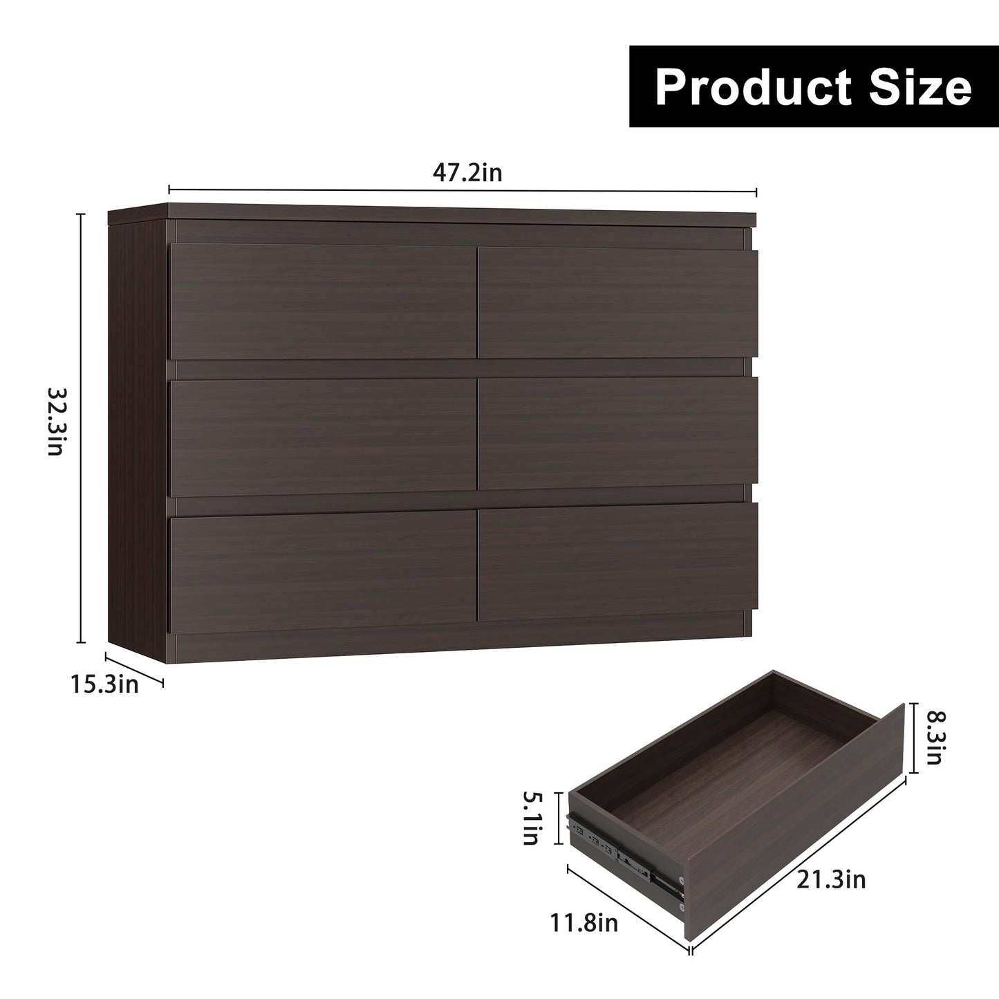 Jocoevol Modern 6 Drawer Dresser - Simply Chest of Drawers for Bedroom, Closet, Living Room, Hallway, Entryway, Wood Storage Double Dresser with Smooth Metal Rails - Retro Brown