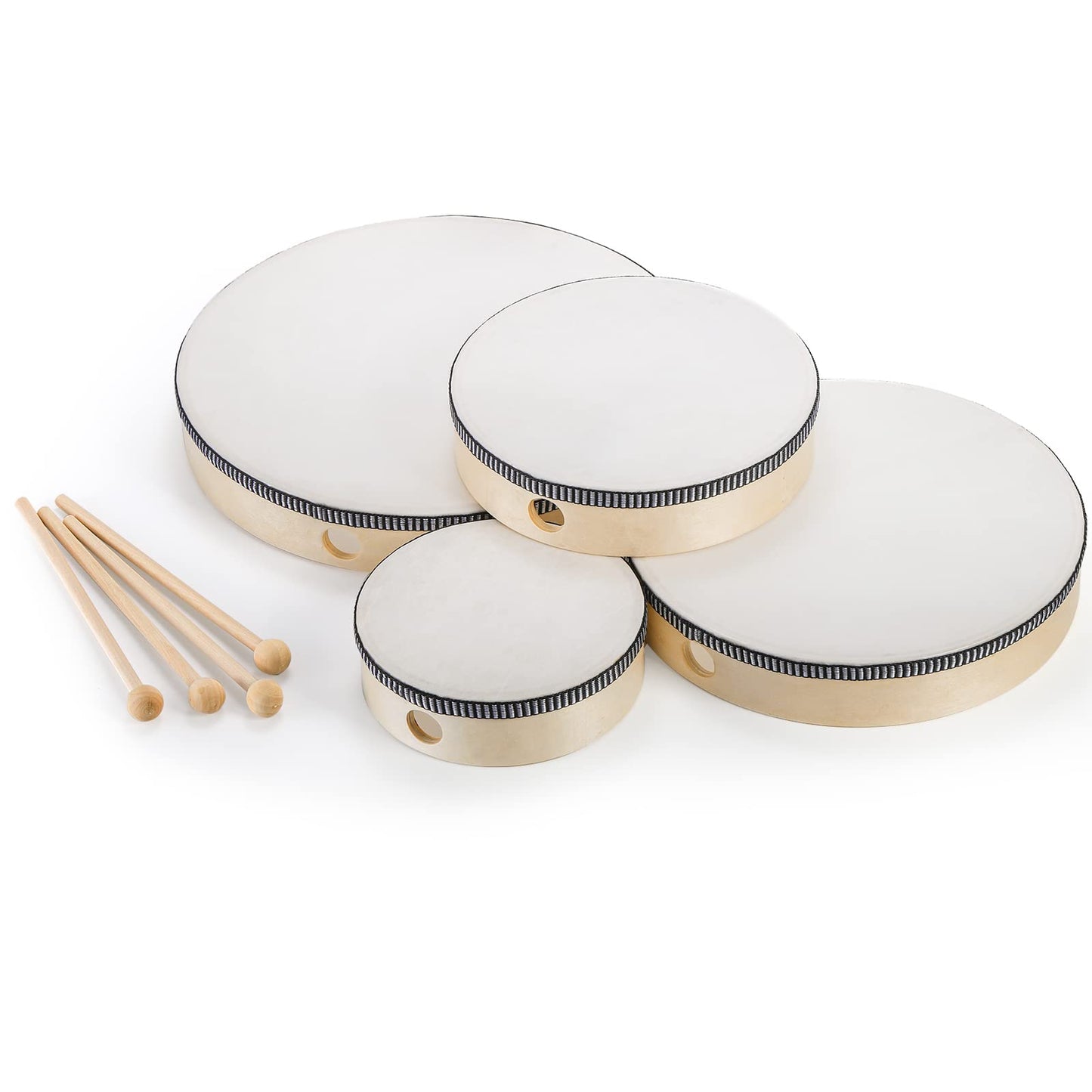 Foraineam 4 Pack Hand Drum 12 Inch 10 Inch 8 Inch 6 Inch Wood Drum Set Musical Percussion Instrument Wooden Frame Drum with Wooden Drum Sticks for Home Party Supplies