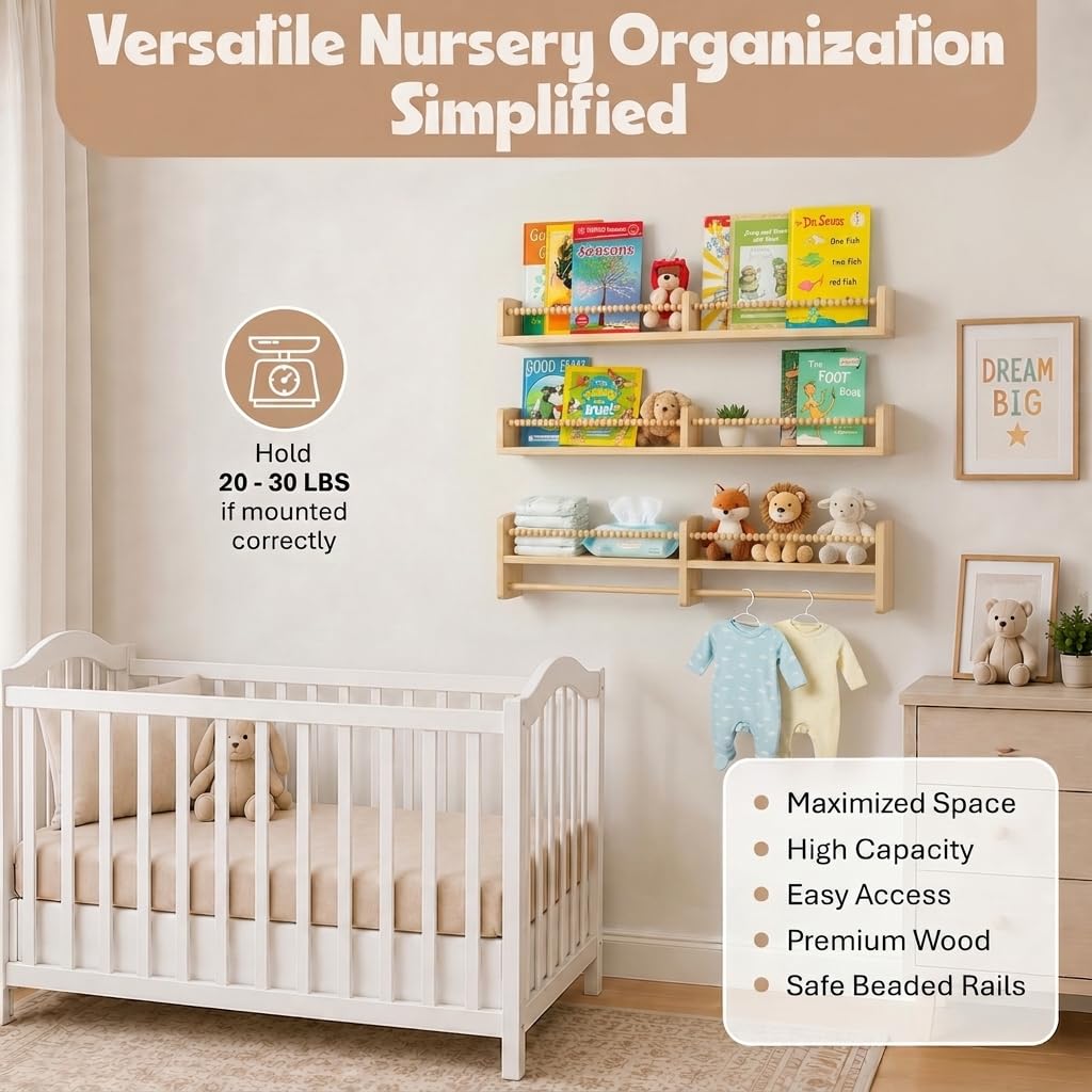 Stelzriede Nursery Shelves for Wall – Nursery Book Shelves with Hanging Rod – Set of 3 Wooden Wall-Mounted Shelves, Rounded Edges, Nursery Bookshelf for Kids Room Decor, 31.5" x 3.9" x 3.7"