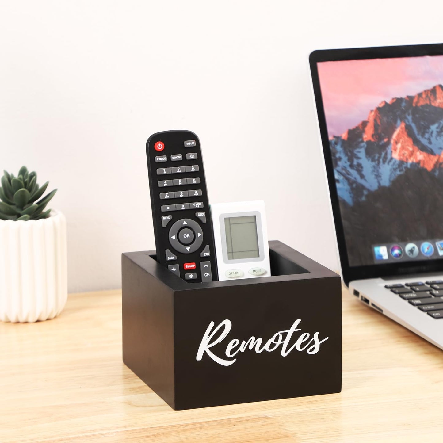 COOLEX Remote Control Holder, Wooden Tv Remote Holder, Remote Holder for Table, Remote Control Storage Organizer Caddy - Black