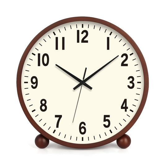 Maxspace Wooden Table Clock,8in Silent Non-Ticking Desk Clock,Battery Operated Desktop Analog Clock for Living Room Bedroom Kitchen Office Classroom Decor (Walnut - Cream Finish)