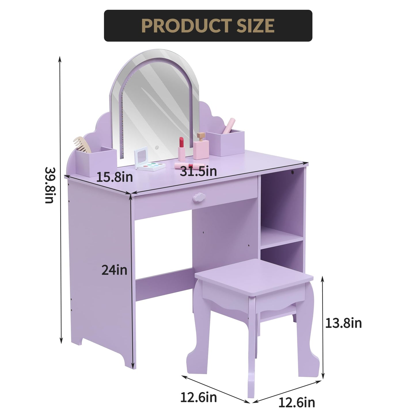 IDEALHOUSE Kids Vanity Table Set with Lighted Mirror & Stool, Makeup Desk with Drawer, Open Storage Shelves, Cubbies & Makeup Playset, Wooden Princess Dressing Table for Little Girls, Purple