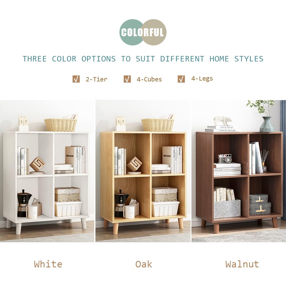 IOTXY Freestanding Open Cubes Bookcase - 2-Tier Floor Standing Wooden Storage Display Cabinet Organizer with Legs for Home Office, 4-Cubes Open Shelf Low Short Bookshelf, Walnut