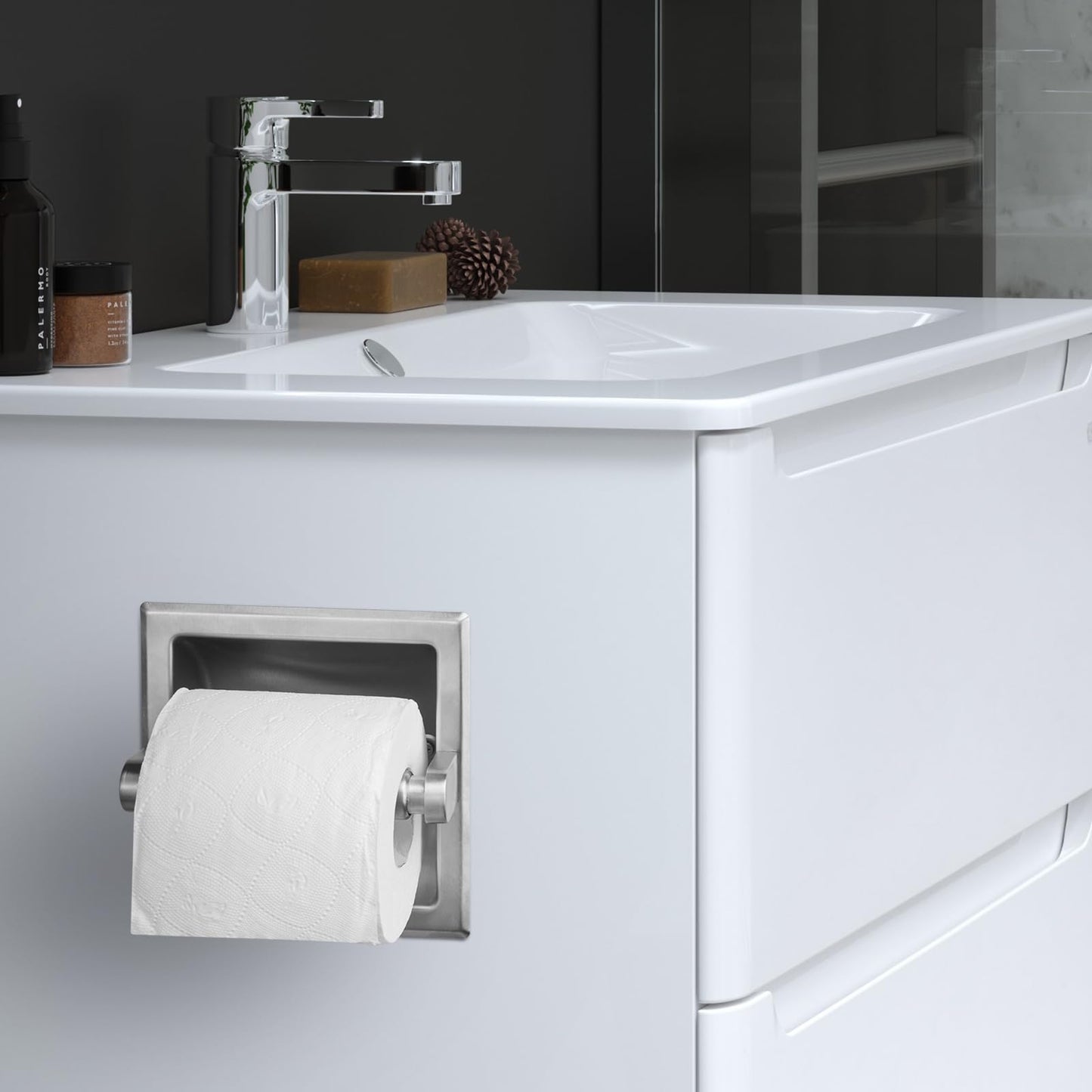JunSun Recessed Toilet Paper Holder Brushed Nickel Stainless Steel Toilet Paper Roll Holder Tissue Holder Modern Tissue Roll Holder 6" X 6" Square Jumbo Mega Roll Holder Rear Mounting Bracket Included