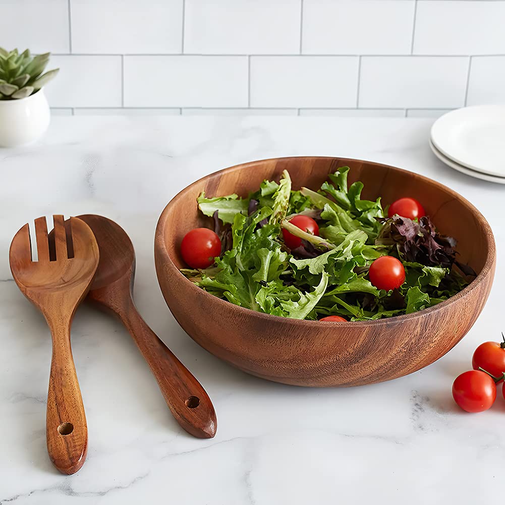 AOOSY Acacia Wood Salad Bowl Set — 9Inch Handmade Wooden Bowl with Serving Spoon & Fork, 3-Piece Mixing & Serving Set