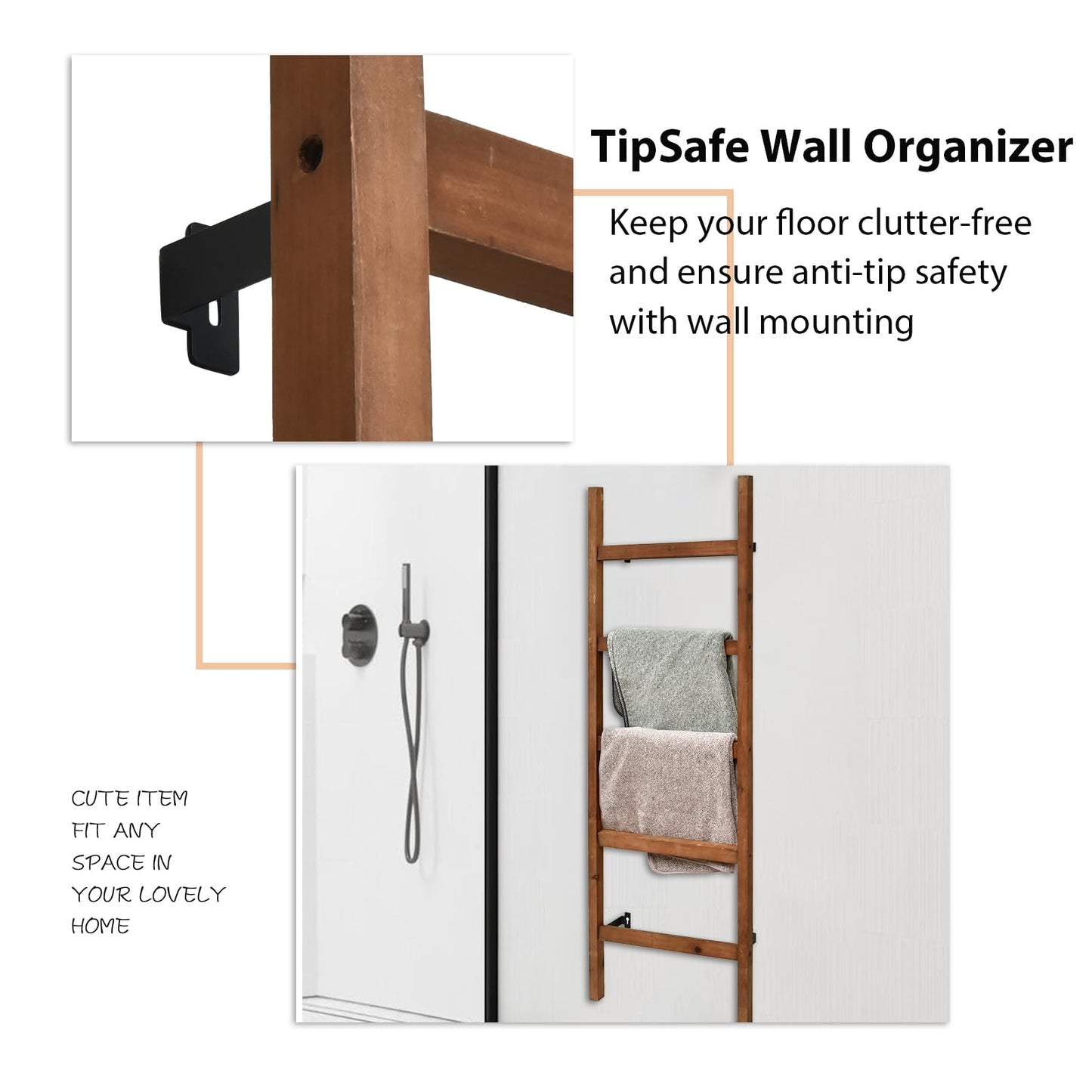 FUIN Wall Mounted 57in Wooden Blanket Ladder Living Room Decorative Farmhouse Quilt Display Holder Rustic Wood Towel Rack for Bathroom, Brown