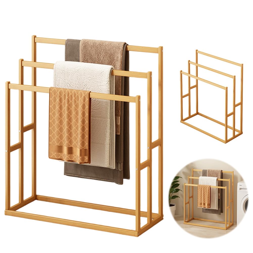 3-Tier Freestanding Towel Rack, Wooden Blanket Ladder with 3 Crossbars & Bottom Shelf, Rustic Brown Storage Stand for Bathroom Living Room Bedroom