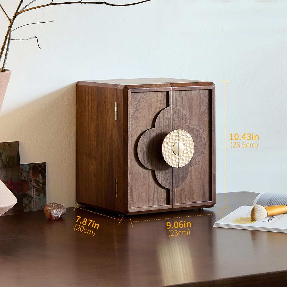 Wenseny Elegant Black Walnut Wooden Jewelry Box - 5-Layer Organizer with Quatrefoil Brass Handle, Antique-Style Storage for Her (9.2 IN)
