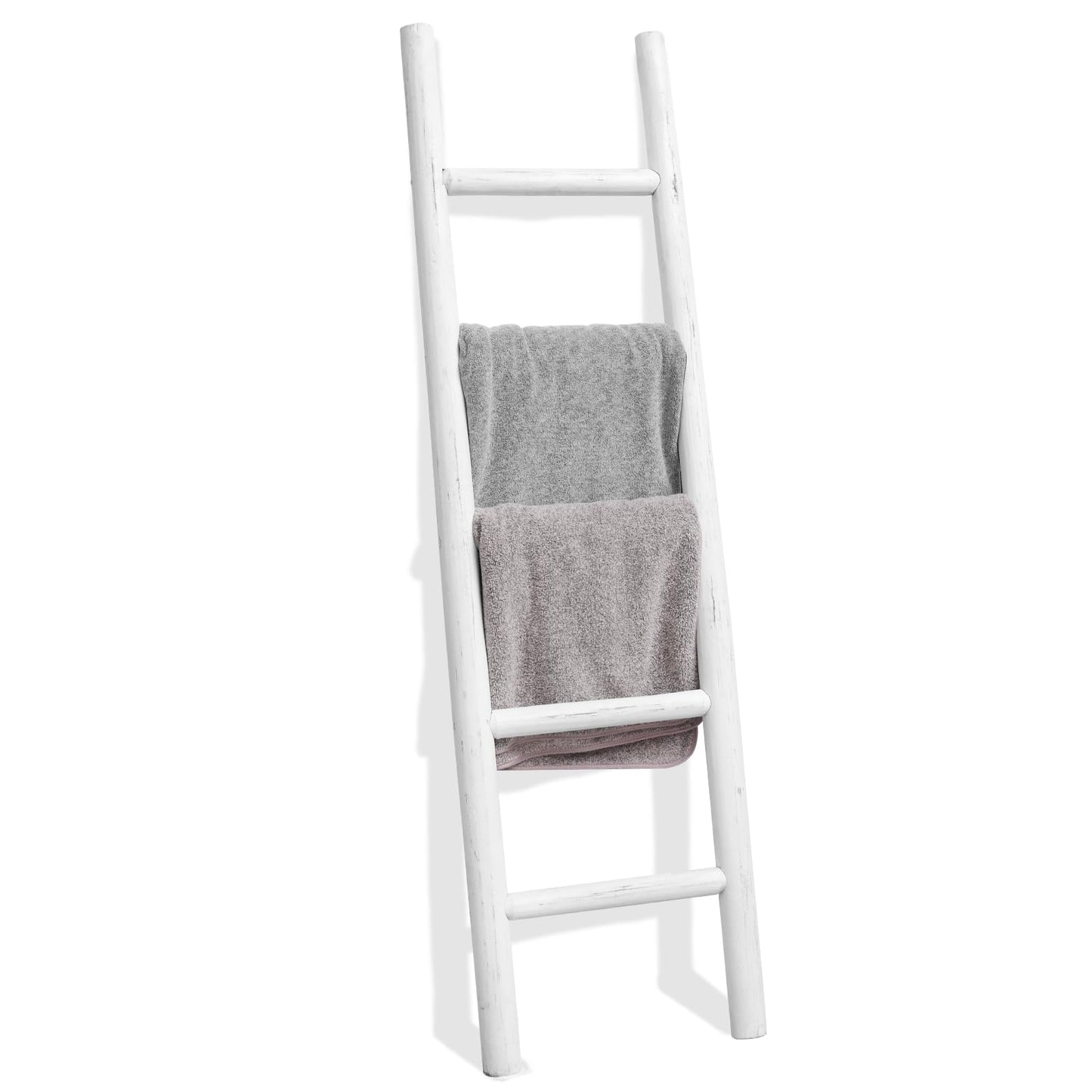 FUIN 57in Wood Blanket Ladder Living Room Decorative Wall Leaning Farmhouse Quilt Display Holder Rustic Wooden Towel Rack for Bathroom, White