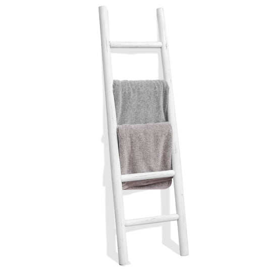 FUIN 57in Wood Blanket Ladder Living Room Decorative Wall Leaning Farmhouse Quilt Display Holder Rustic Wooden Towel Rack for Bathroom, White