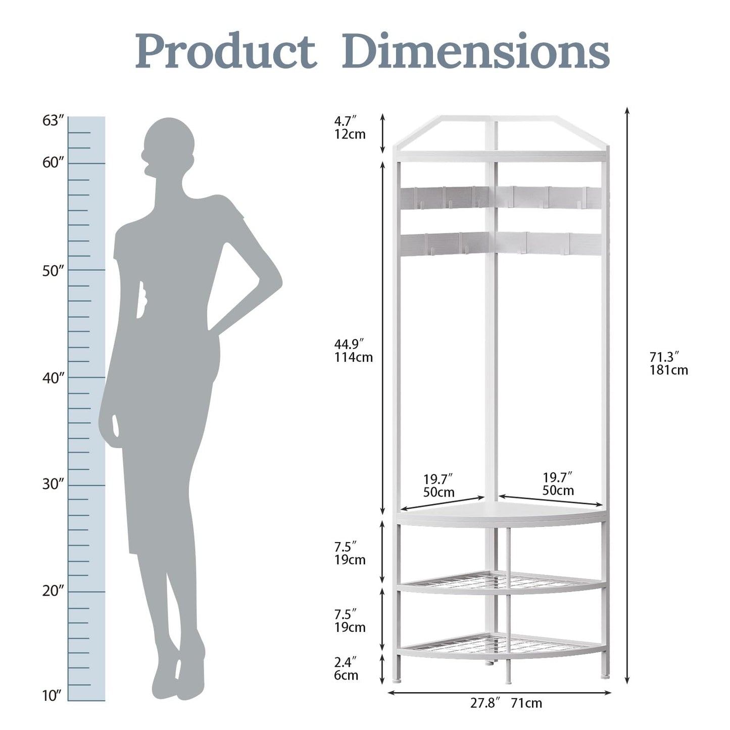 GiftGo Corner Hall Tree with Shoe Bench Entryway Coat Rack with 10 Metal Movable Hooks Freestanding Clothes Rack Shoes Shelf Organizer for Home Office Bedroom (White)
