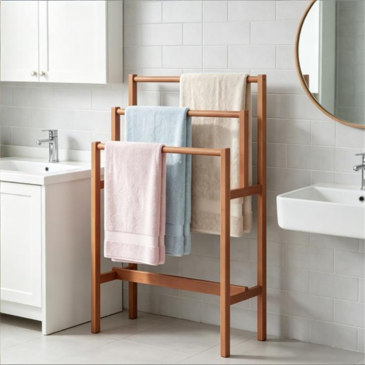 3-Tier Freestanding Hardwood Towel Rack, Farmhouse Blanket Ladder for Bathroom & Living Room, Space-Saving Vertical Towel Bar Storage Stand, Natural Solid Wood Quilt Drying Rack