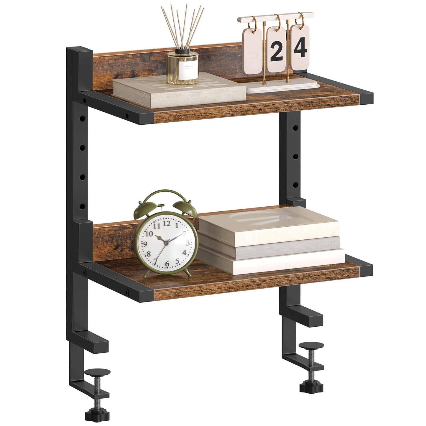 HOOBRO Clamp On Desk Shelf, 2-Tier Desktop Organizer, Space-Saving Desk Shelf with Adjustable Shelves, for Office, Study, Entertainment Accessories, Rustic Brown and Black BF32SJ01