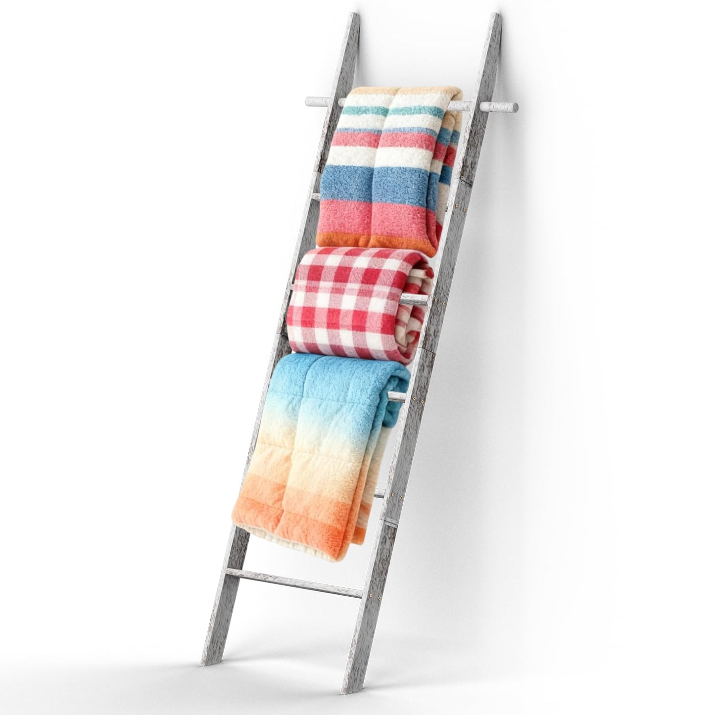 chilinii Farmhouse Wooden Blanket Ladder Living Room with Removable Hooks, 6-Tier Blanket Rack Decorative Stand, Leaning Towel Quilt Rack Holder for Bathroom Decor Rustic White