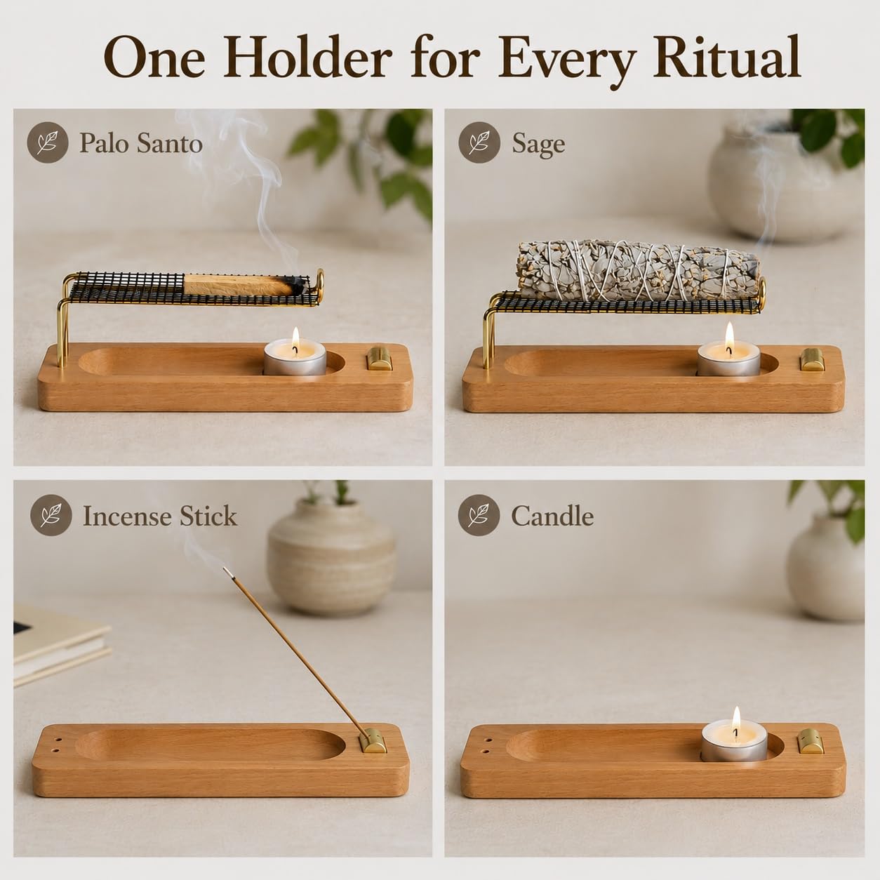 4 in 1 Incense Holder for Sticks, Palo Santo and Sage Holder, Wooden Incense Burner with Ash Catcher, 2 in 1 Incense and Candle Holder, Unique Incense Stick Holder for Yoga Meditation Decor
