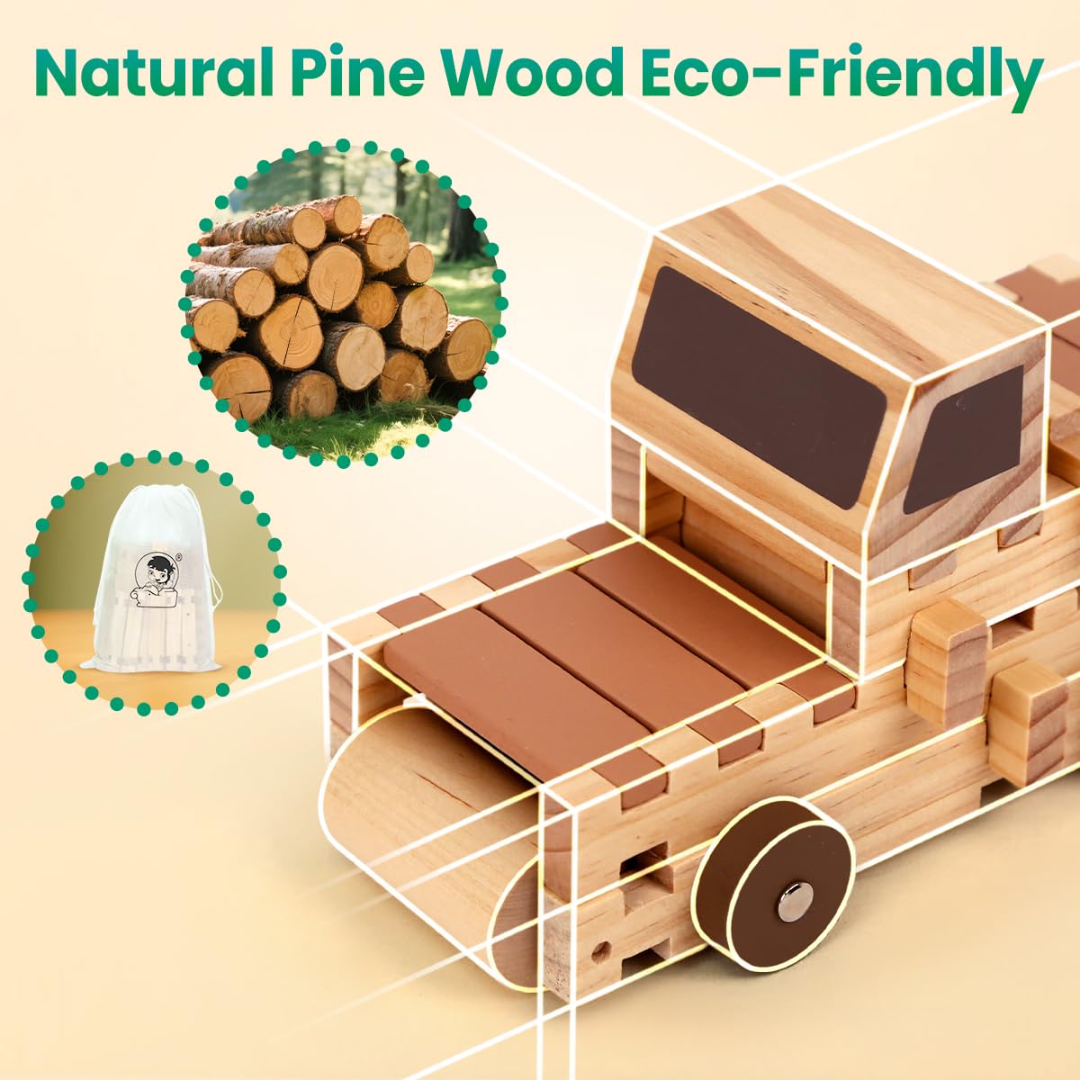 Jovi-mindly＆Notchies C117PCS Wooden Blocks Car Set Wooden Blocks with Wheels＆Vehicle Stickers|Preschool Learning Toys Wood Blocks Building for Kids Ages 3+ Creative Construction Birthday Toys Gifts