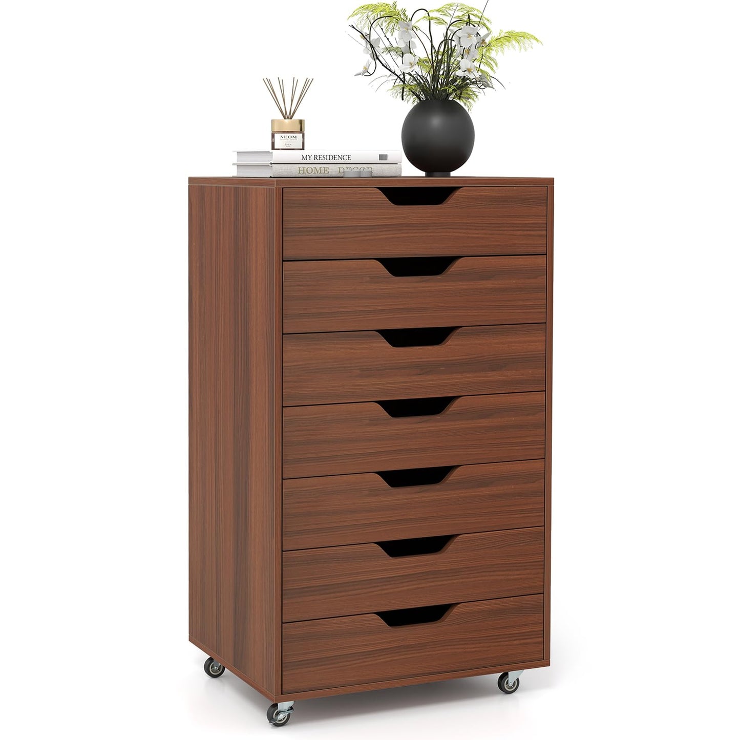 Giantex 7-Drawer Storage Cabinet, Mobile File Organizer with 4 Universal Casters, Wooden Vertical Filing Cabinet on Lockable Wheels for Office, Study, Living Room (19” x 15.5” x 34.5”,Walnut)