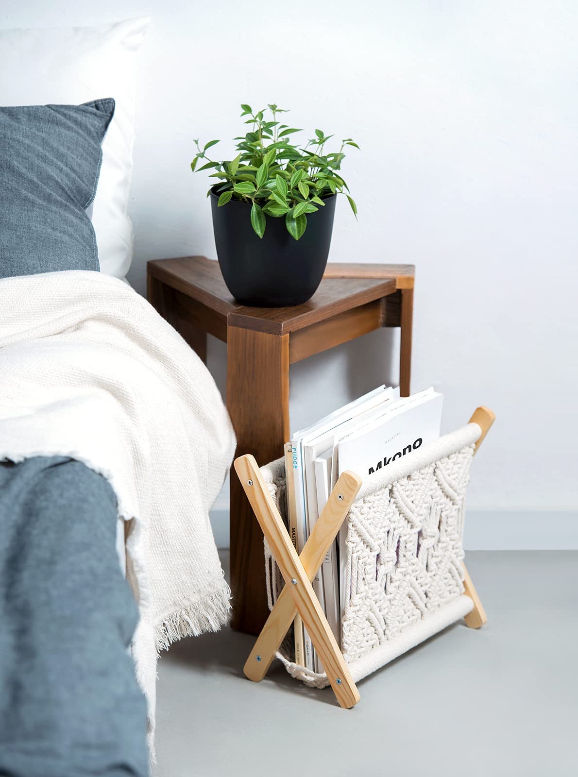 Mkono Macrame Magazine Rack Boho Storage Holder Standing Basket for Books, Newspapers, Swaddle Blanket, Dorm Essentials, Living Room, Bathroom, Office, Nursery, Home Decor, Small Size, 11.2”L x 7.5”W