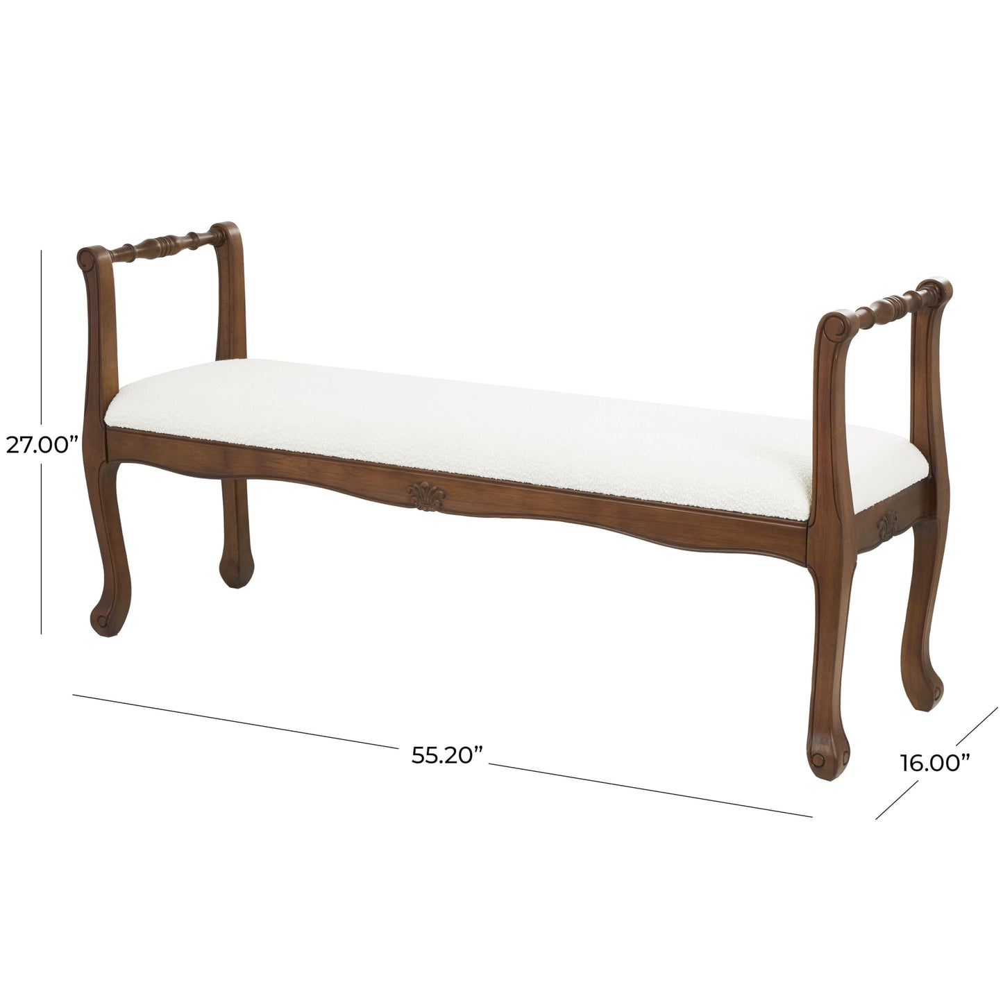 Deco 79 Fabric Home Bench Arm Entryway Bench with Brown Traditional Wood Turned Legs, Bedroom Bench 55" x 16" x 27", Cream