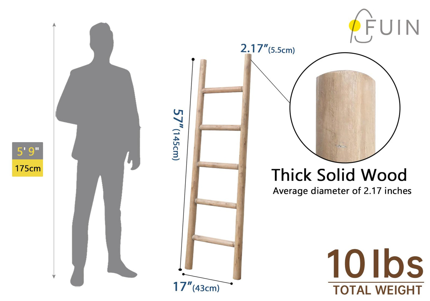 FUIN Blanket Ladder, 57in Rustic Solid Wood Decorative Ladder, Brown