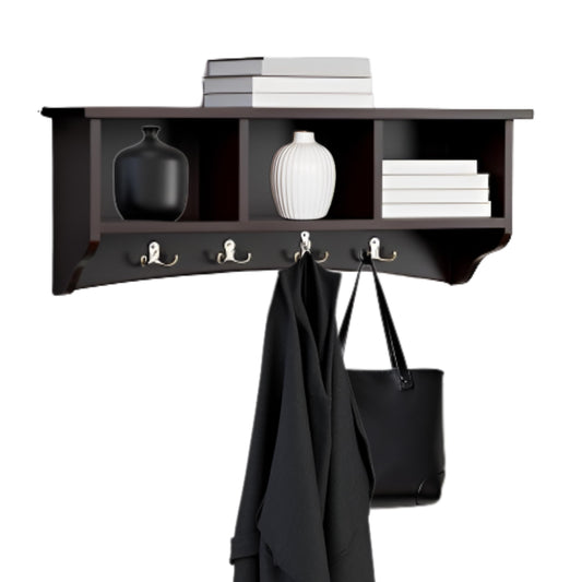 Shaker Cottage Wall-Mounted Coat Rack with 3 Storage Cubbies and Hooks – Hanging Wall Organizer for Entryway, Mudroom, or Hallway, Space-Saving Wall Shelf, 36" W x 9" D x 14" H (Chocolate Finish)