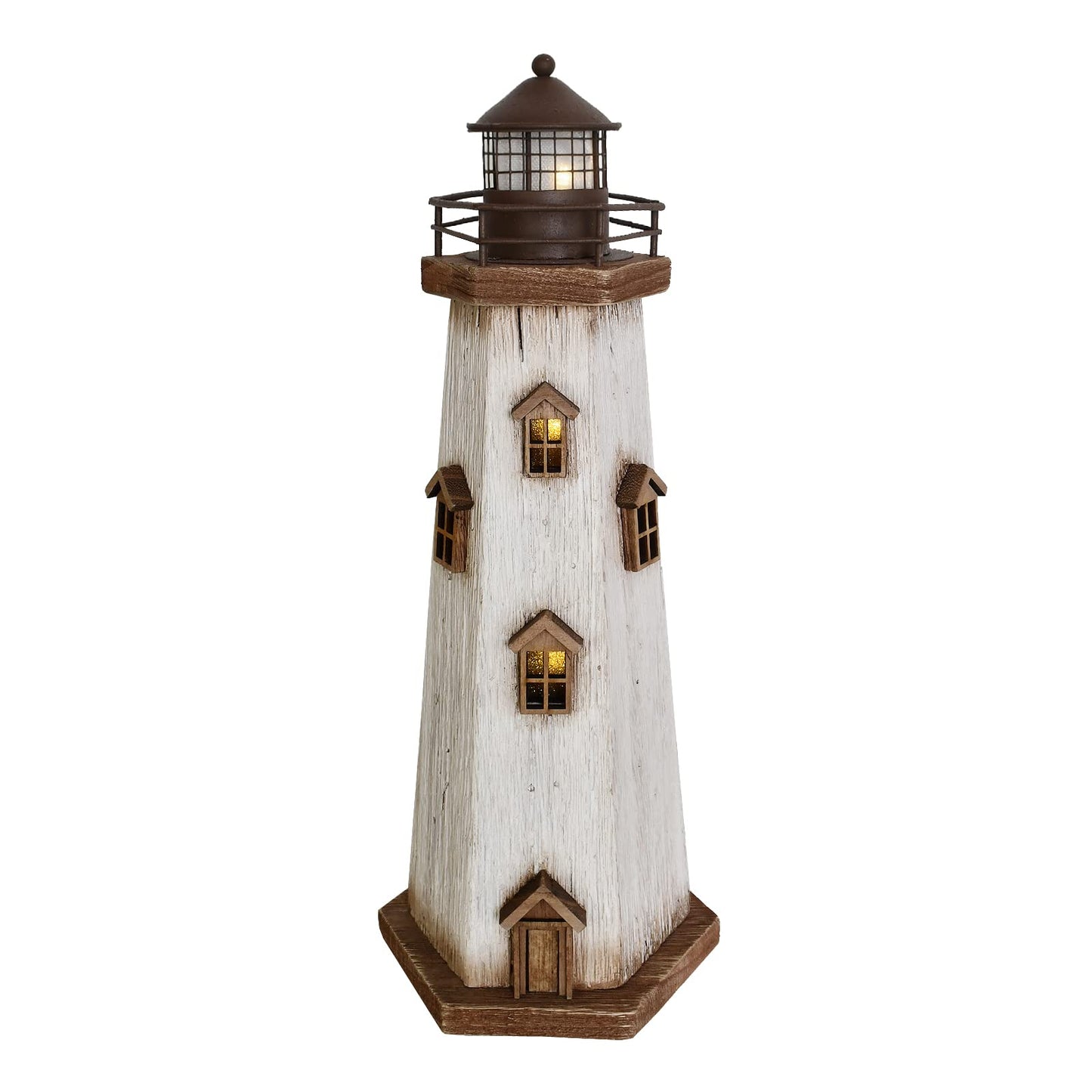 Morning View Lighthouse Decor Nautical Decoration Lighted Wood Light House Figurine Beach House Coastal Decor Table Ocean Seaside Theme Home Decor Lake House Bathroom Shelf Centerpiece 16" (White)