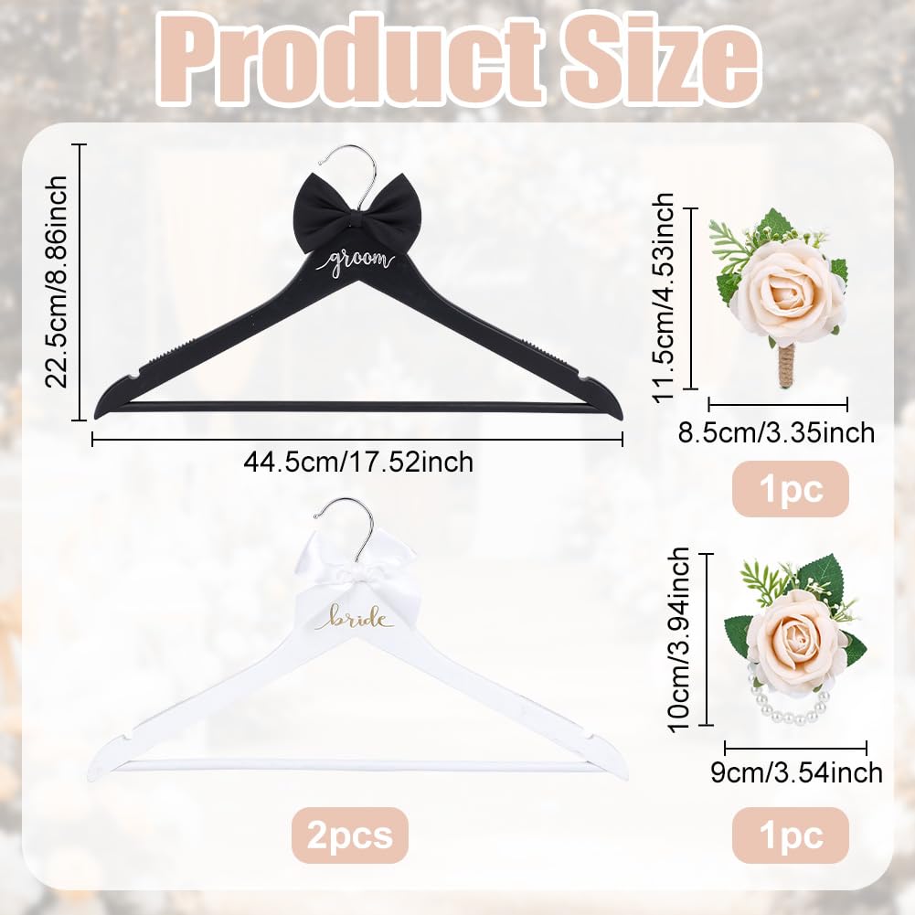 INFUNLY 2 Pack Bride Groom Hanger for Wedding Wooden Bridal Dress Suit Hangers with Bow Tie Wrist Corsage Flower 17.5x8.9 Inches Mr and Mrs Shirt Tuxedo Suit Hanger Shower Gift Accessories