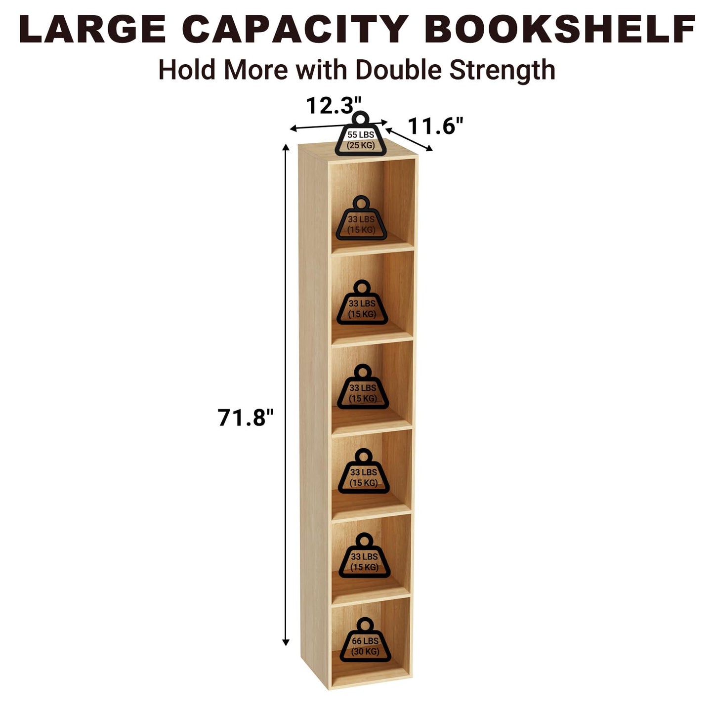 Nestwise 6 Tier Bookshelf, Open Tall Narrow Floor Standing Bookcase, Storage Organizer Bookshelves Freestanding Book Shelf for Living Room, Bedroom, Home Office (Oak, 6 Cube)
