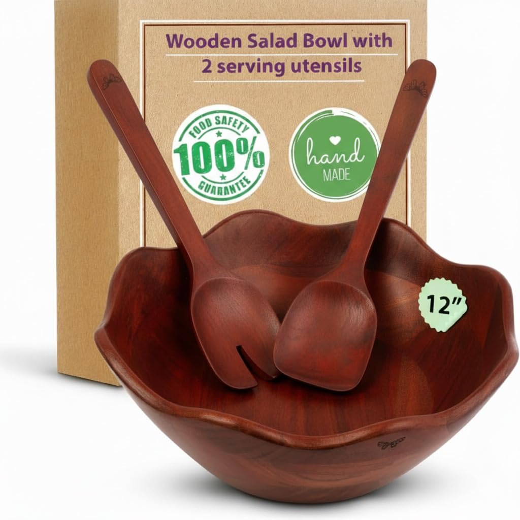 Melvvi Large Wooden Salad Bowl Set – 12" Wood Serving Bowl with 2 Utensils | Mango wood Scratch-Resistant - For Salad, Pasta & Fruits (Walnut Brown)
