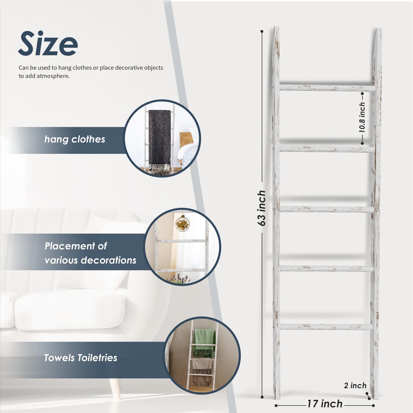 5-Tier Blanket Ladder Wooden, 5.3FT(63'') Blanket Quilt Holder Rack Decorative Ladders, Easy Assembly, Rustic Farmhouse Ladder Shelf for The Living Room Bedroom Bathroom Home Decor, White Wash