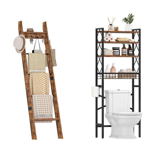 CHOEZON 5-Tier Blanket Ladder and Over The Toilet Storage Rack Bundle, Wooden Blanket Display Rack, Towel Ladder with Hooks, for Living Room, Bedroom, Balcony, MCJ02FG-TTS03BF
