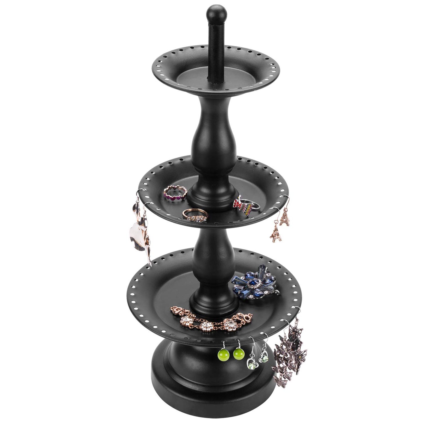 MyGift Earring Storage Rack Organizer, Metal Jewelry Tree, Necklace and Bracelet Hanger with Wooden Ring Tray Trinket Holder - Holds 68 Pairs of Earrings (Black-3-Tier)