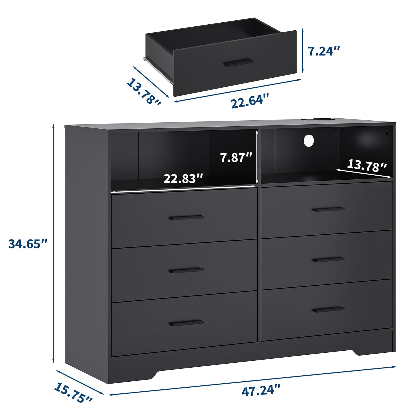 Garvee 6 Drawer Wooden Dressers for Bedroom with Charging Station & Open Shelf, 47" Wide Black Dresser, Wood Chest of Drawers with Deep Drawers, Modern TV Stand Storage Organizer for Living Room, Dorm