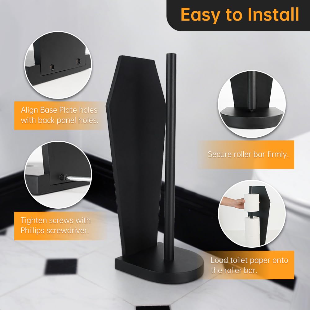 Gothvanity Gothic Coffin Toilet Paper Holder Stand - Free Standing Matte Black Bathroom Storage, Solid Wooden with 5 Anti-Slip Pads, Spooky Dark Aesthetic Bathroom Decor