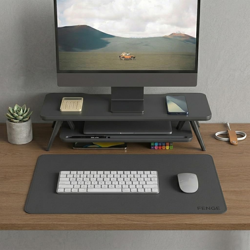 Fenge Dual Monitor Stand with Drawer & Desk Pad Bundle, 42.5 Inch 2-Tier Wood Monitor Riser & 23.6×13.8 Inch Double-Sided Waterproof Mouse Mat for Home Office