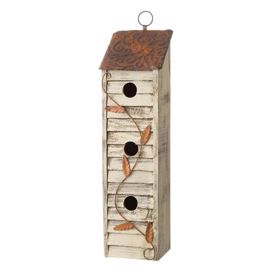 Glitzhome Bird Houses for Outside, 18" H Three-Story Solid Wood Cottage Decorative Garden Birdhouse Wooden Bird Houses with Shutter Texture Hanging Hanging Birdhouses for Outdoors,Washed White