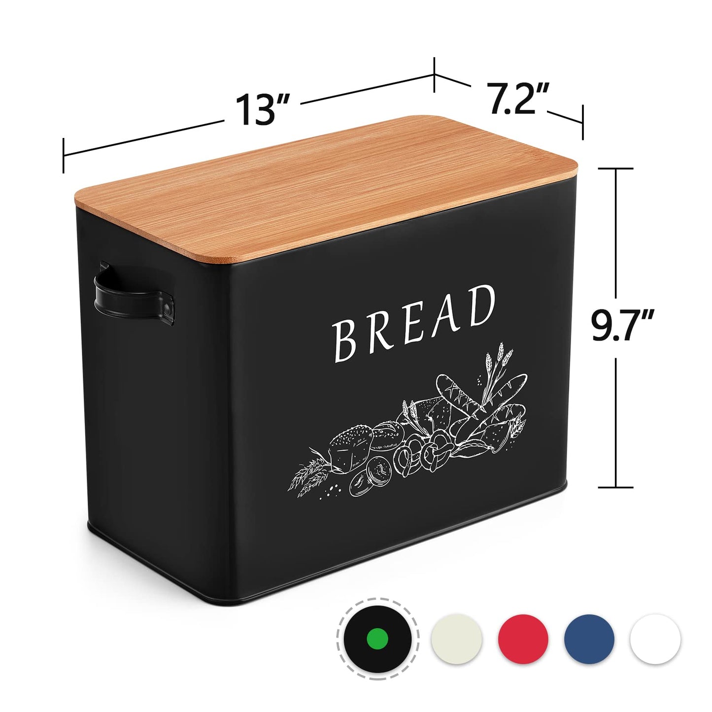 P&P CHEF Bread Box for Kitchen Counter, Metal Bread Storage Bin with Wooden Cutting Lid, Large Capacity for Holding 2+ Loaves, Retro Modern Style, Size 13” x 7.2” x 9.7”, Black