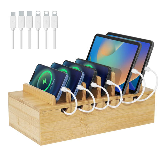 LEOKKARR Bamboo Charging Station for Multiple Devices, Desk Docking Stations Organizer Compatible with iPhone Devices, Wood Charging Cell Phone Holder Stand (Includes 6 Cables) (NO Power Supply)
