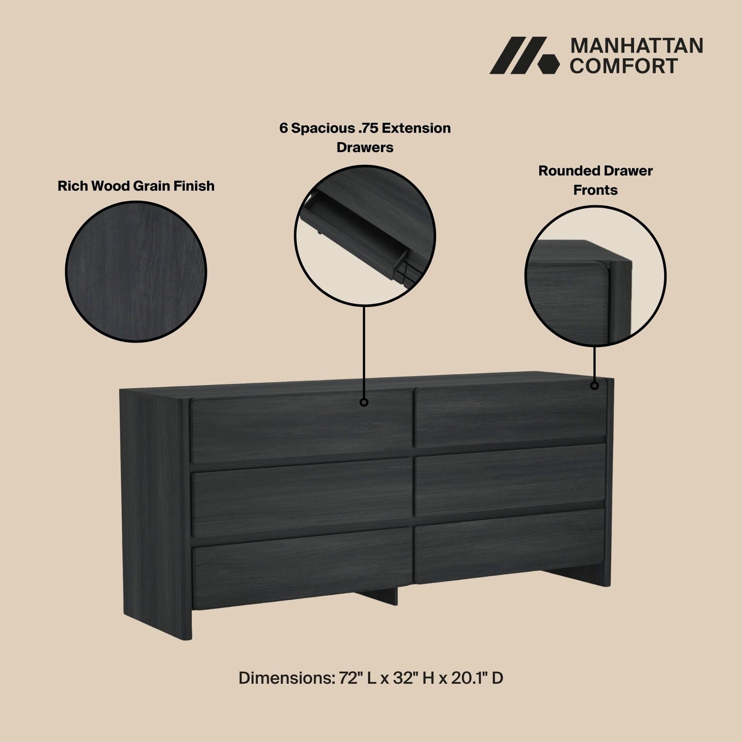 Manhattan Comfort Linda Double Wide Modern Dresser for Bedroom with 6 Storage Drawers – 72" Long Wooden Cabinet for Closet Essentials and Clothes Organization, Home Furniture, Charcoal Grey