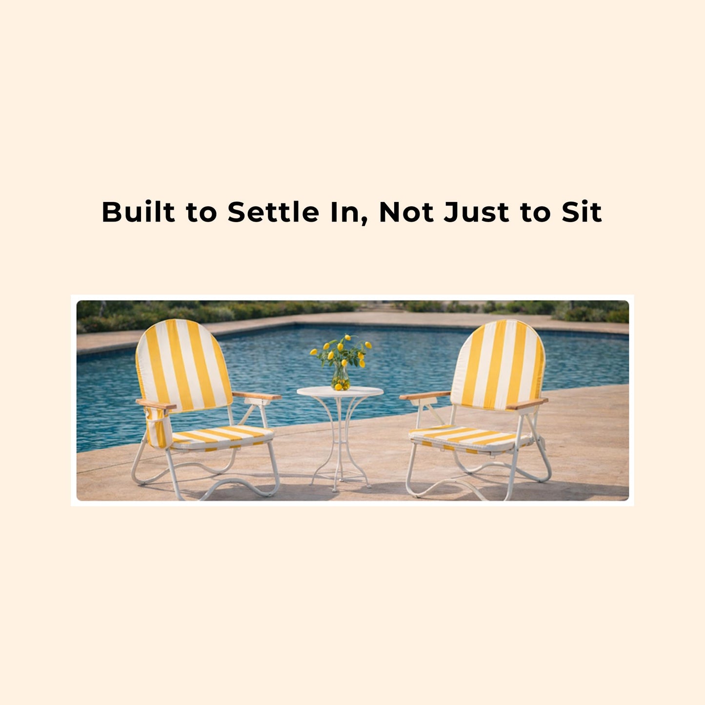 DEER LAND Padded Low Beach Chair, 4-Position Folding Outdoor Chair with Wooden Armrests, Cushioned Seat, Storage Pouch & Carry Strap for Beach, Patio and Lawn, Cala Serena Ochre Stripe