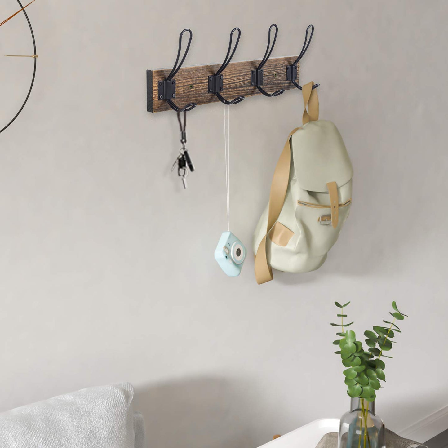 Homagic Rustic Wall Mounted Coat Hook with 4 Farmhouse Hooks - Solid Pine Wood Towel and Coat Rack for Bathroom, Entryway, Kitchen - Brown